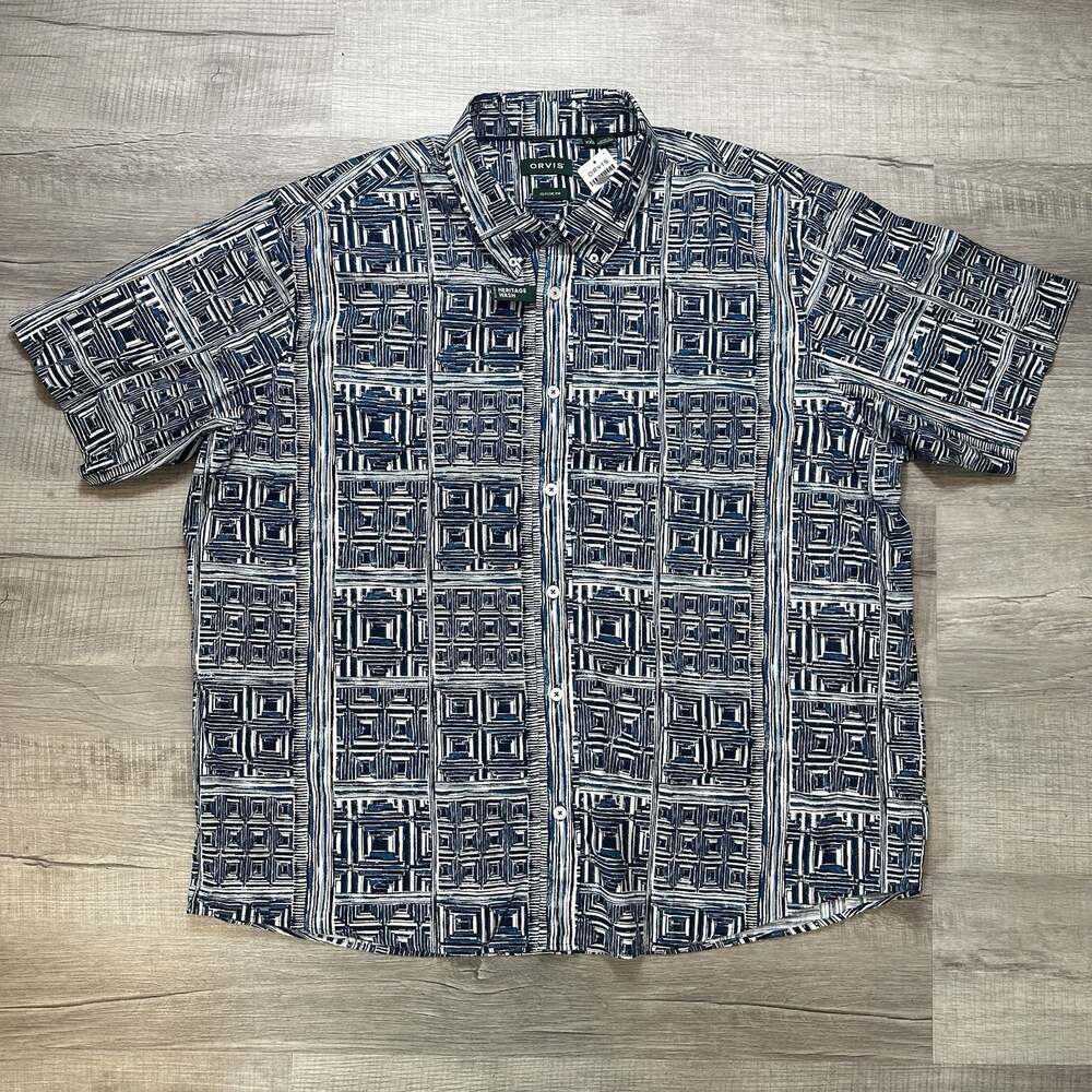 NEW Orvis Poplin Men’s 2XL Short Sleeve Geometric Button Down Shirt Cotton Blue